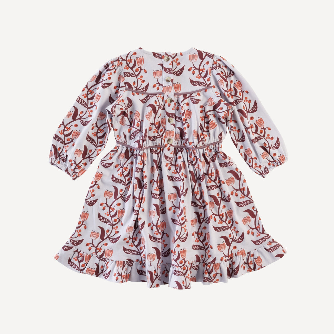long sleeve gathered tie waist dress | abstract floral vine | organic cotton jersey