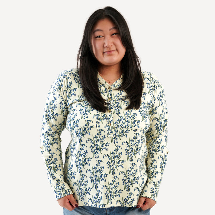 womens long sleeve gathered pocket henley top | bluebells | organic cotton interlock