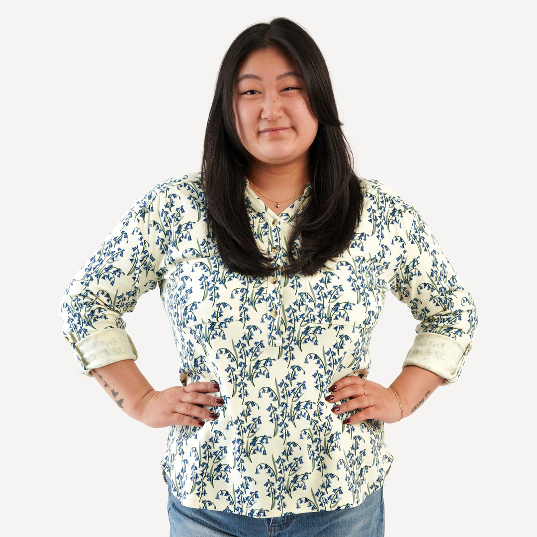 womens long sleeve gathered pocket henley top | bluebells | organic cotton interlock
