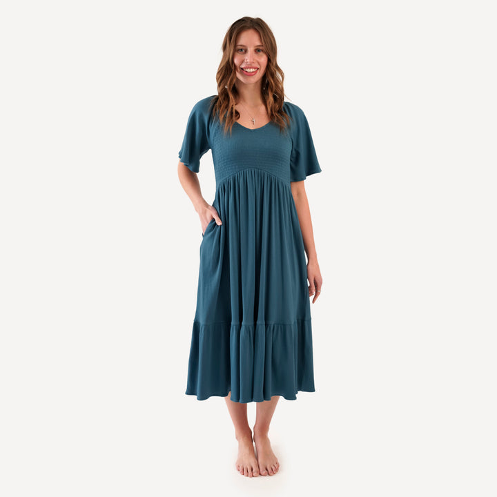 womens flutter sleeve smocked midi dress | stone blue | organic cotton single rib