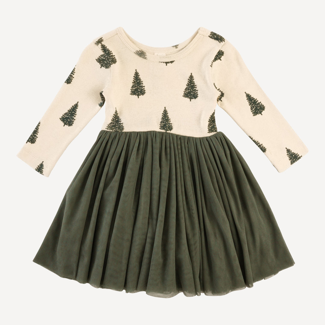 long sleeve ballerina tulle dress | forest pine | organic cotton flat rib