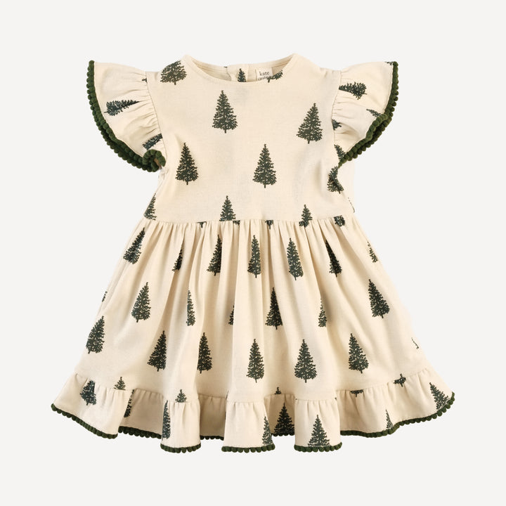 flutter sleeve pom pom dress | forest pine | organic cotton flat rib