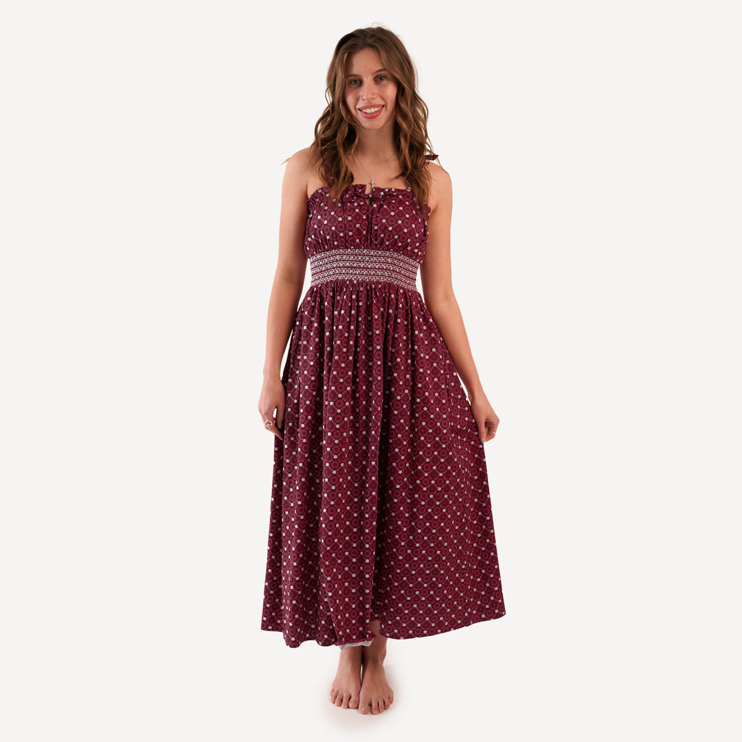 womens spaghetti tie winnie dress | red geo floral | organic cotton sateen woven