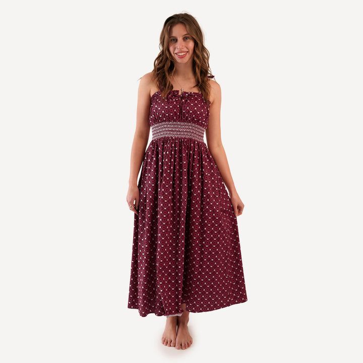 womens spaghetti tie winnie dress | red geo floral | organic cotton sateen woven