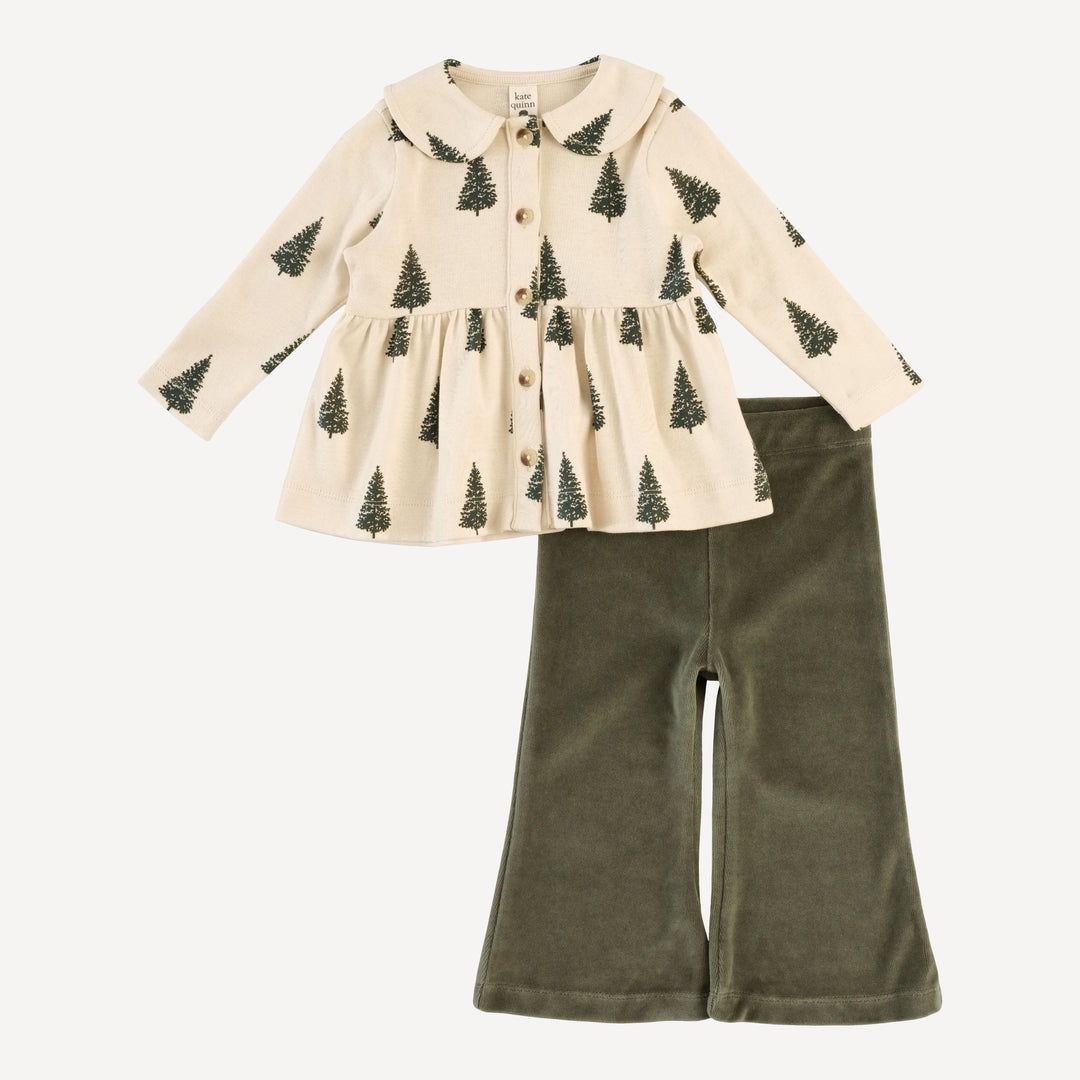 long sleeve peter pan button top + flare pant set | forest pine | organic cotton flat rib
