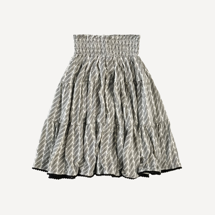 smocked tiered pom pom maxi skirt | black ocean rope | bamboo
