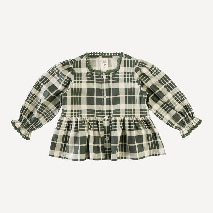 long sleeve gathered waist pom pom top | mountain view plaid | organic cotton mid-weight woven