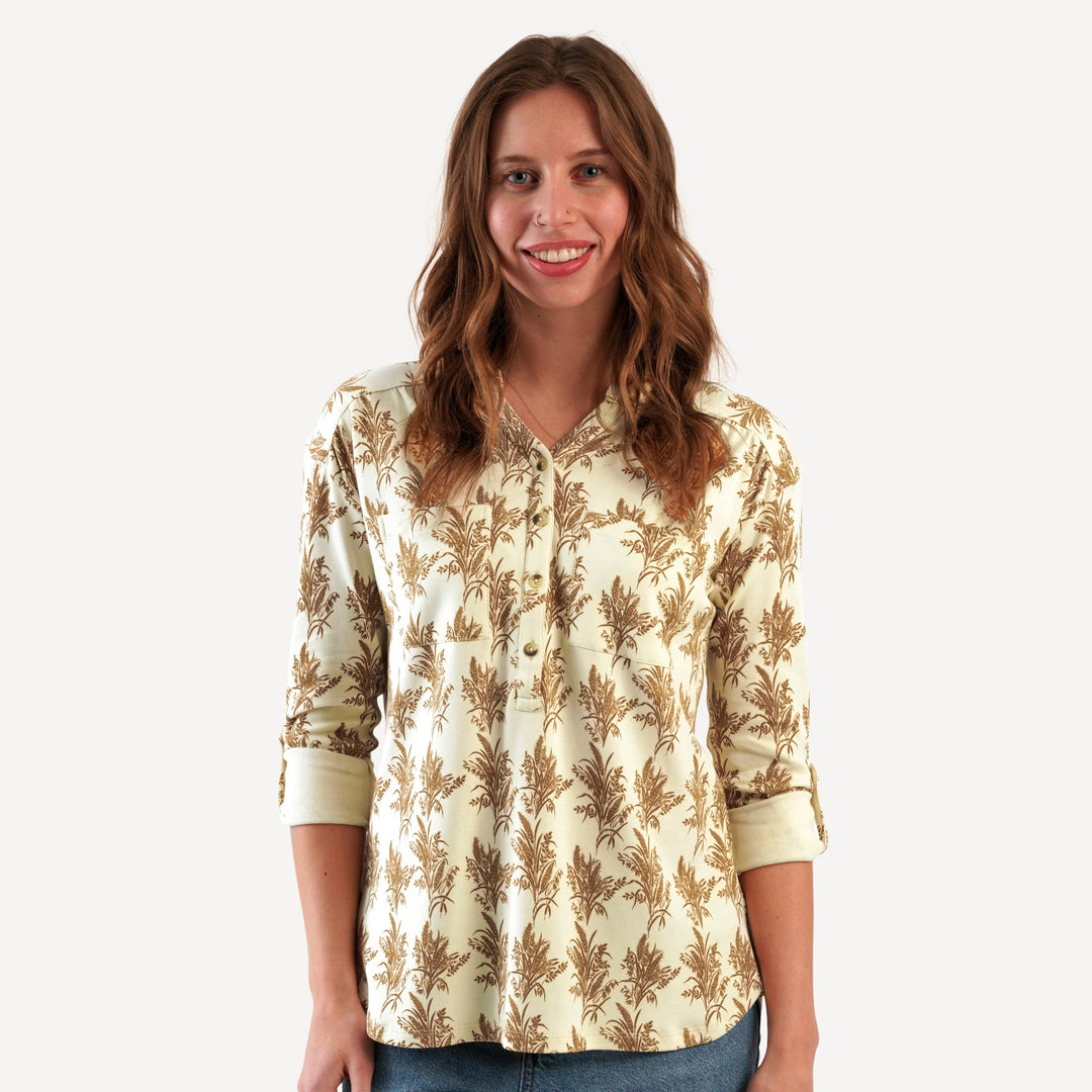 womens long sleeve gathered pocket henley top | wheat grass | organic cotton interlock