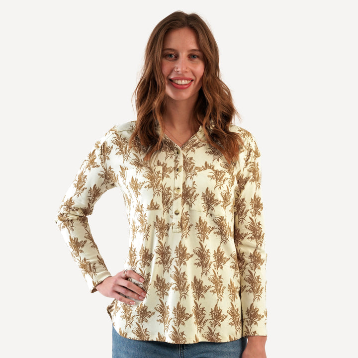 womens long sleeve gathered pocket henley top | wheat grass | organic cotton interlock