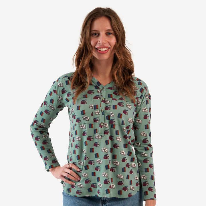 womens long sleeve gathered pocket henley top | books | organic cotton interlock
