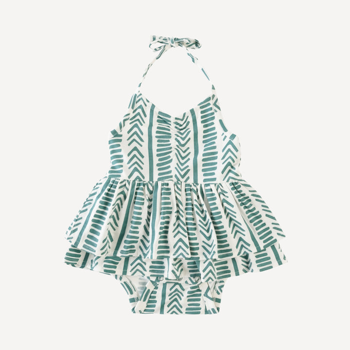 double skirted spaghetti tie halter bodysuit | turquoise mosaic stripe | lenzing modal