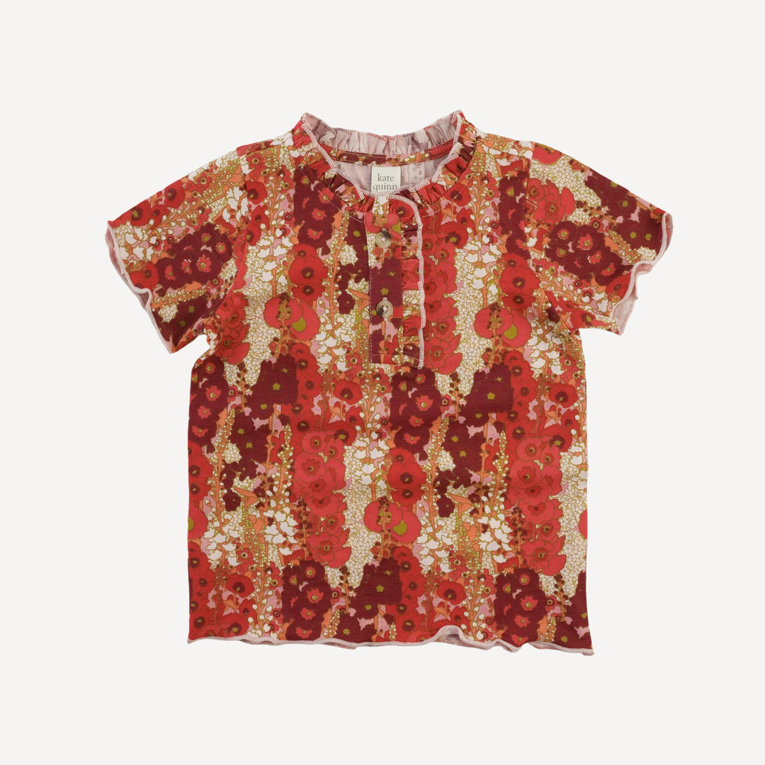 short sleeve ruffle henley tee | red hollyhocks | bamboo