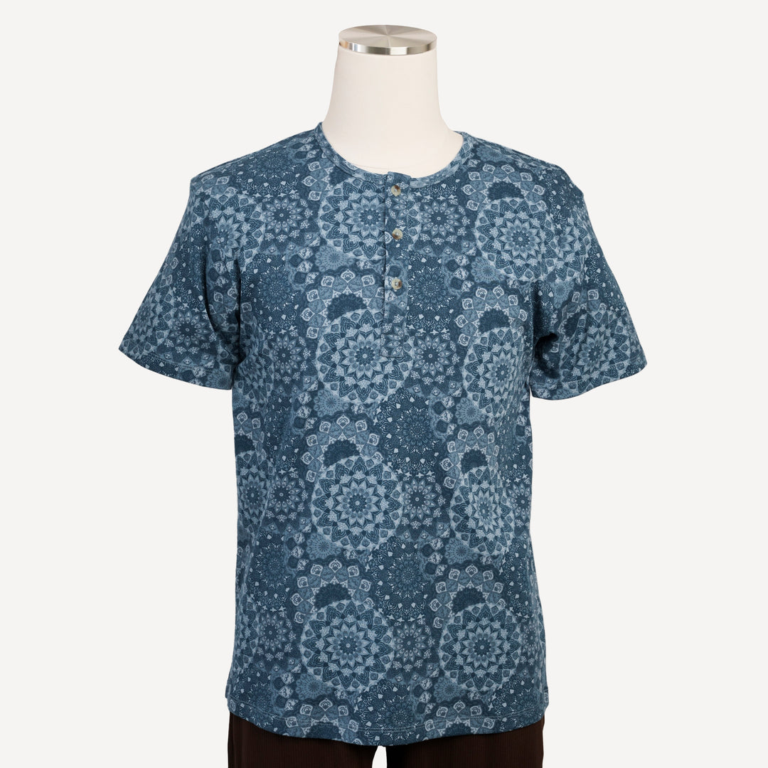mens short sleeve henley top | celestial mandala | organic cotton interlock