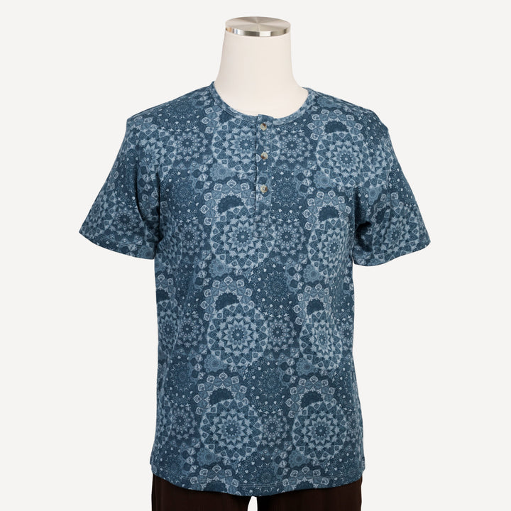 mens short sleeve henley top | celestial mandala | organic cotton interlock
