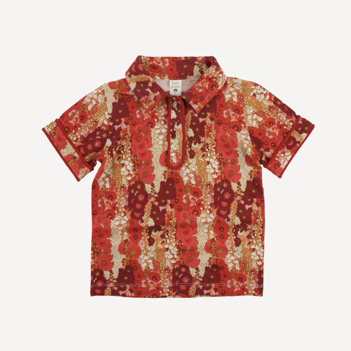 short sleeve piped polo tee | red hollyhocks | bamboo