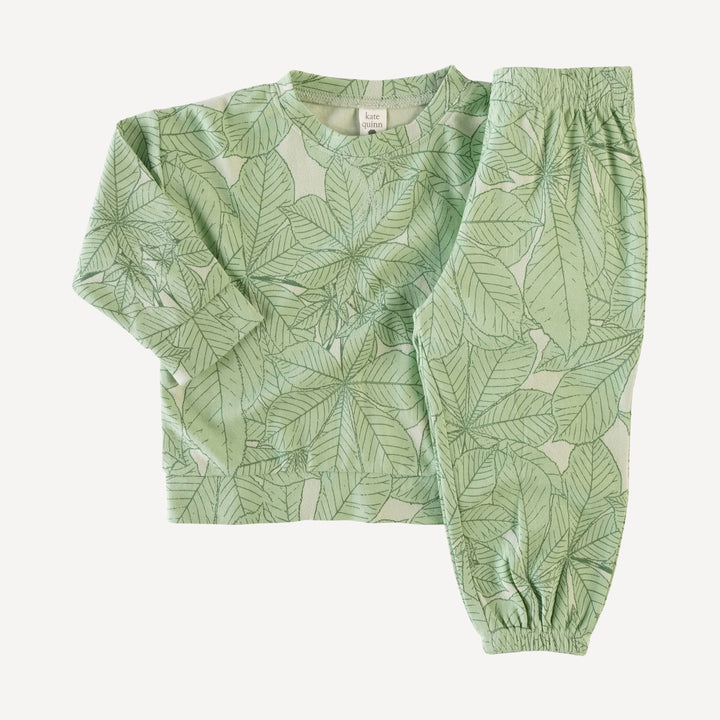 long sleeve boxy topstitch tee and relaxed jogger set | green foliage | organic cotton interlock