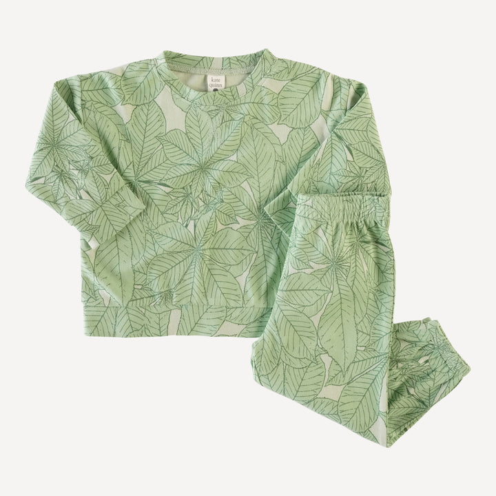 long sleeve boxy topstitch tee and relaxed jogger set | green foliage | organic cotton interlock