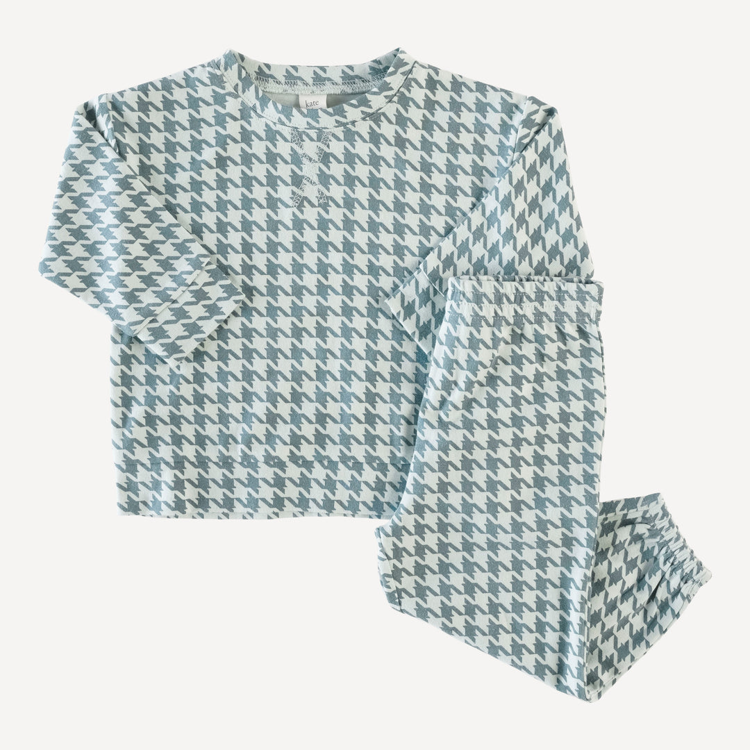 long sleeve boxy topstitch tee and relaxed jogger set | bird blue houndstooth | organic cotton interlock