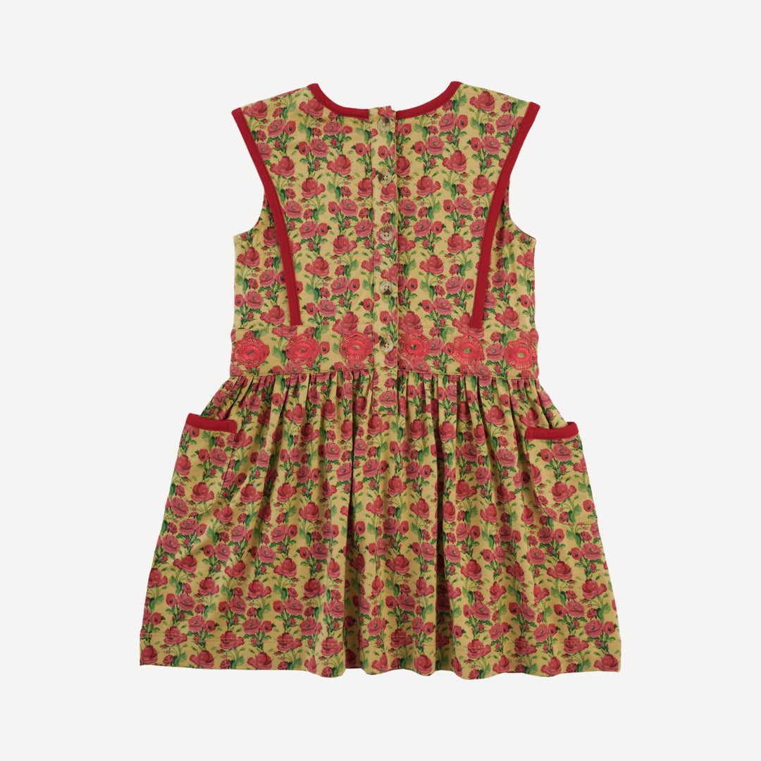 sleeveless embroidered apron dress | gold climbing rose | bamboo