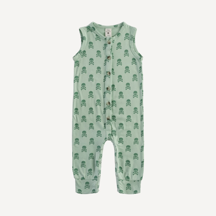 sleeveless button sport jumpsuit | green skulls | organic cotton interlock