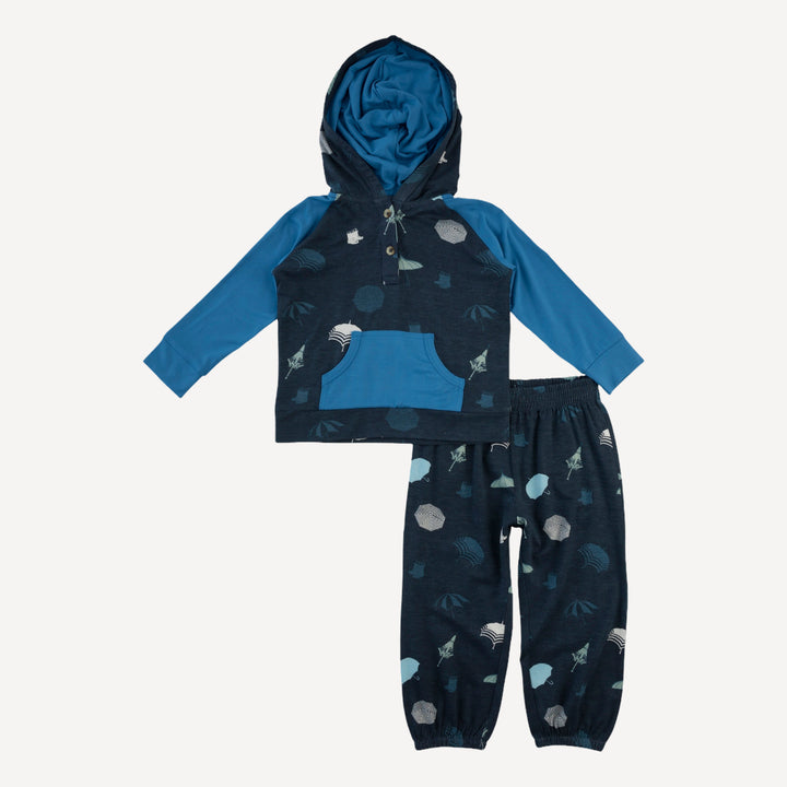 long sleeve raglan henley hoodie + jogger set | blue umbrellas | bamboo