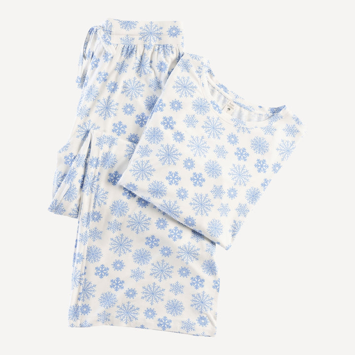 womens long sleeve crew neck pj set | blue snowflake | bamboo