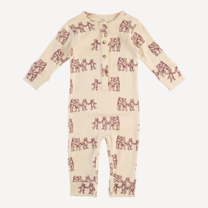 long sleeve sport union suit | ginger teddy bear | organic cotton flat rib