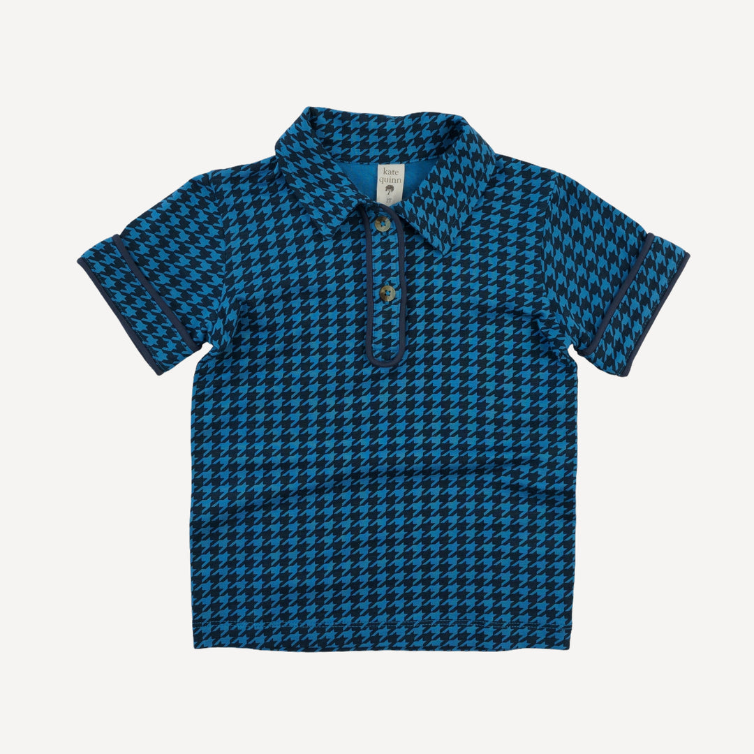 short sleeve piped polo tee | blue houndstooth | bamboo