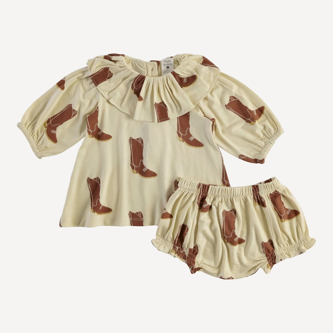 long sleeve editorial ruffle neck tunic + bloomer set | cowboy boot | organic cotton jersey