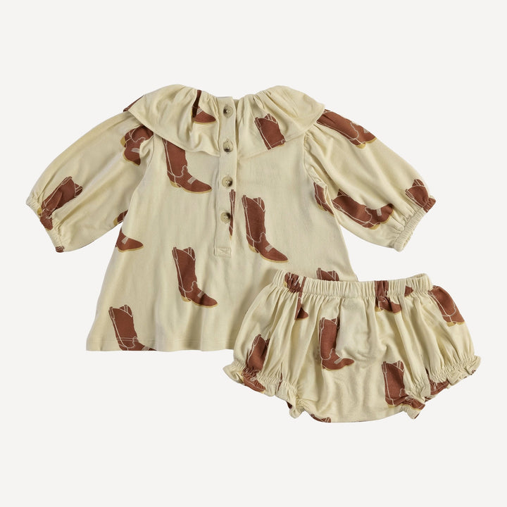 long sleeve editorial ruffle neck tunic + bloomer set | cowboy boot | organic cotton jersey