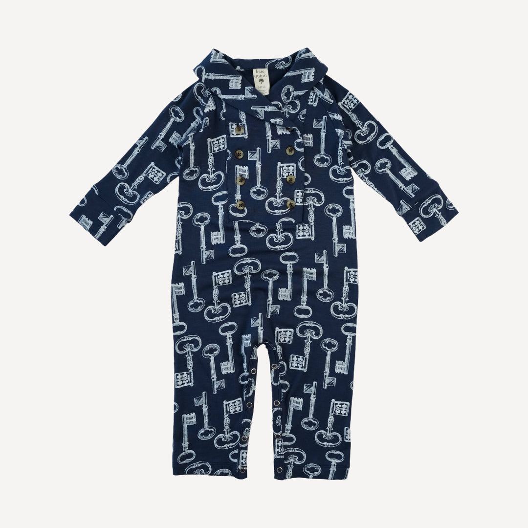 long sleeve double breasted shawl collar jumpsuit | blue vintage keys | bamboo