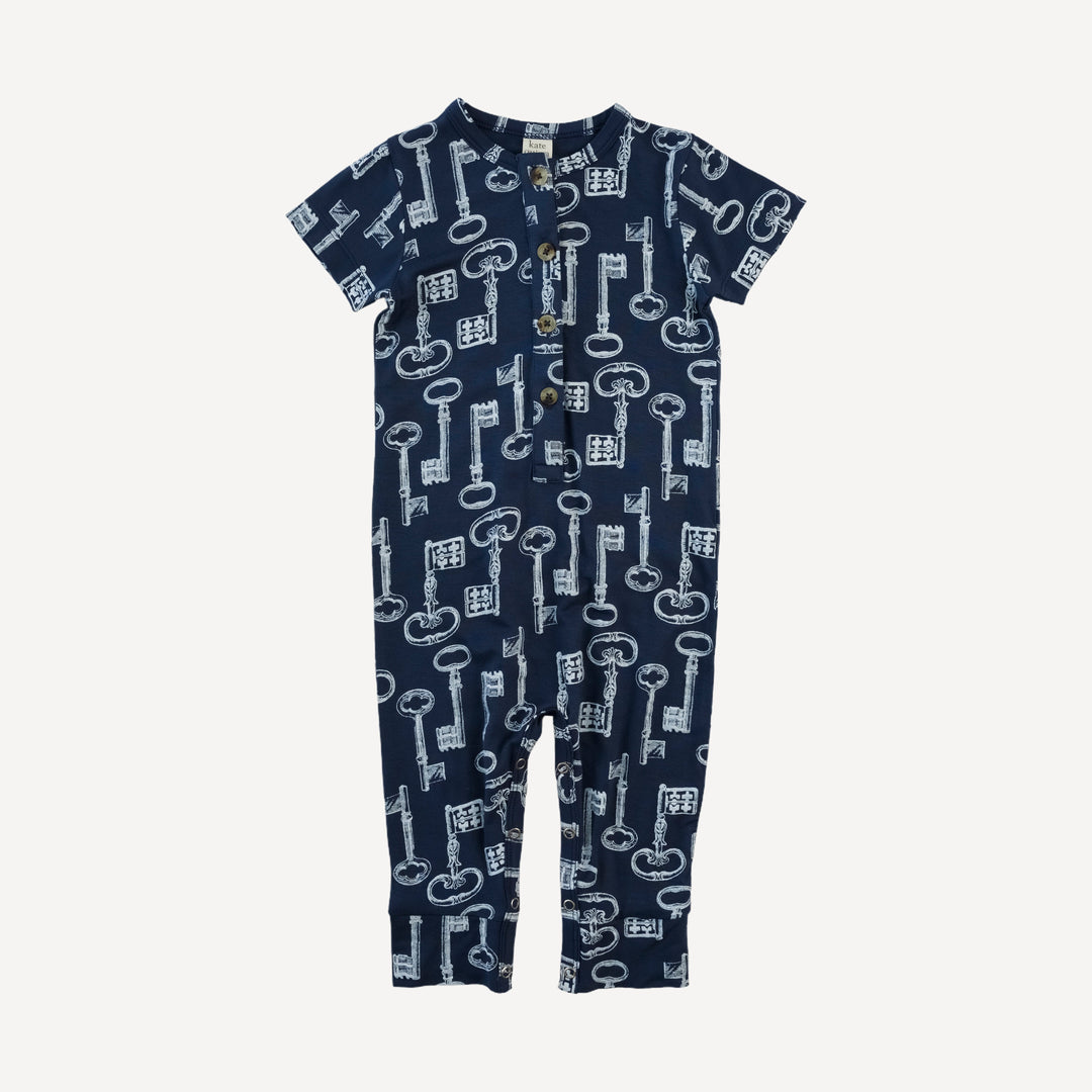 short sleeve sport union suit | blue vintage keys | bamboo