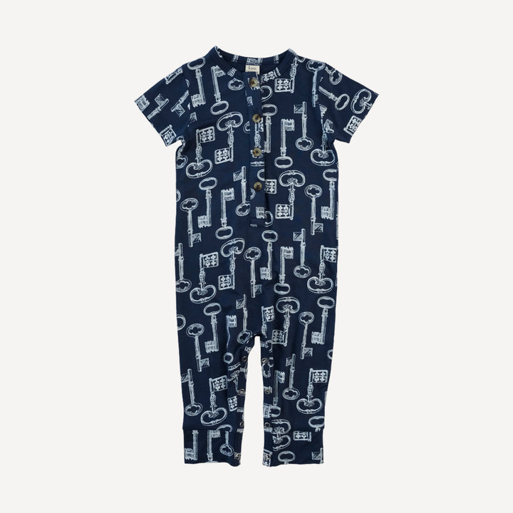 short sleeve sport union suit | blue vintage keys | bamboo