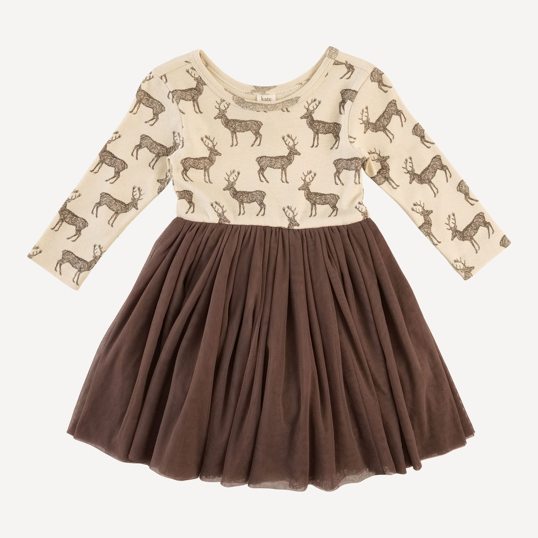 long sleeve ballerina tulle dress | coffee reindeer | organic cotton flat rib