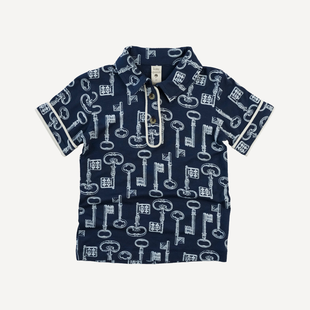 short sleeve piped polo tee | blue vintage keys | bamboo