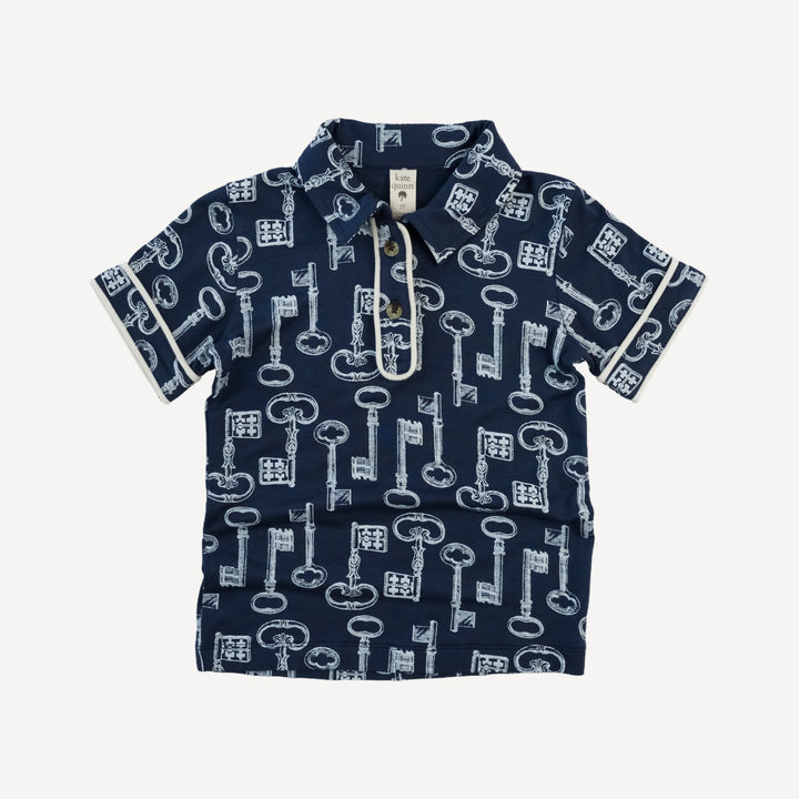 short sleeve piped polo tee | blue vintage keys | bamboo
