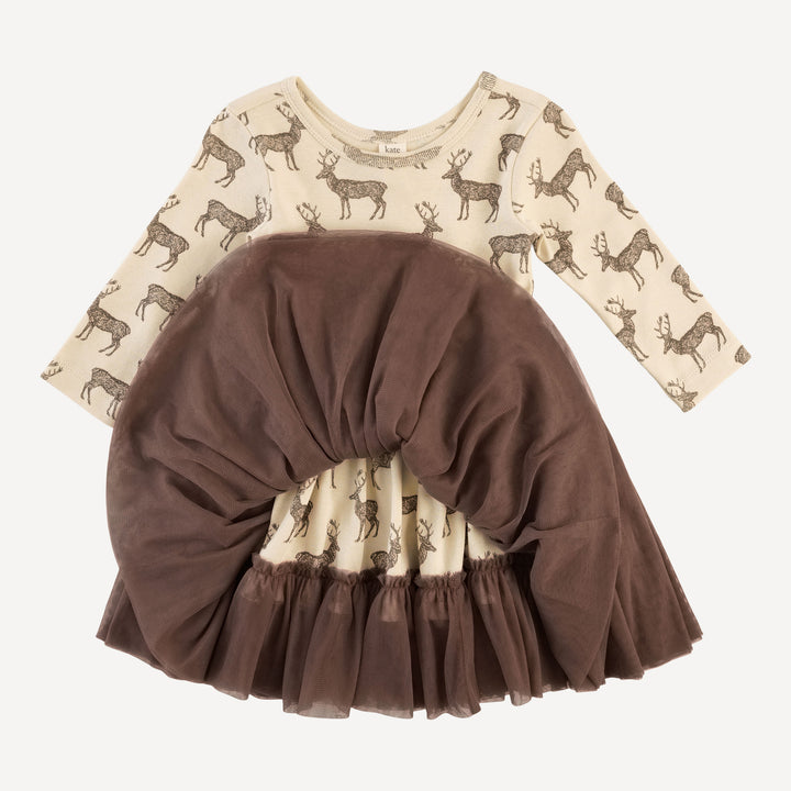 long sleeve ballerina tulle dress | coffee reindeer | organic cotton flat rib