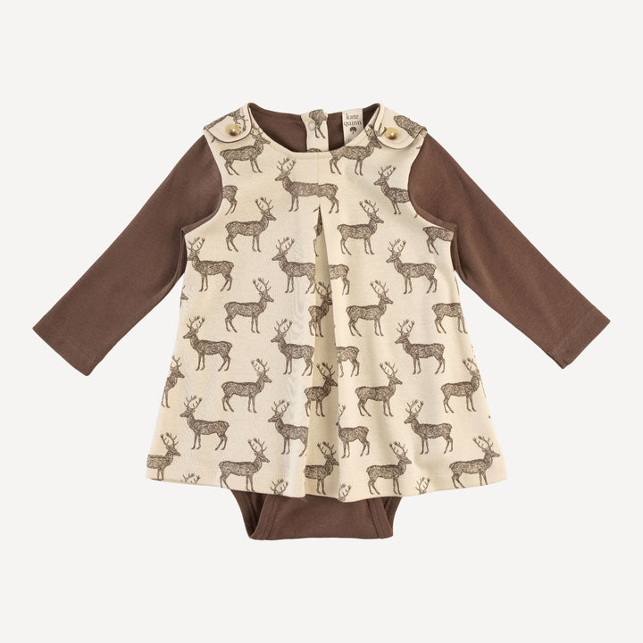 long sleeve pleated dress bodysuit | coffee reindeer | organic cotton flat rib