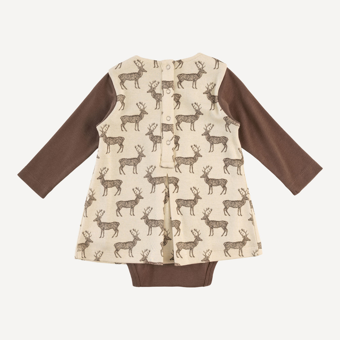 long sleeve pleated dress bodysuit | coffee reindeer | organic cotton flat rib
