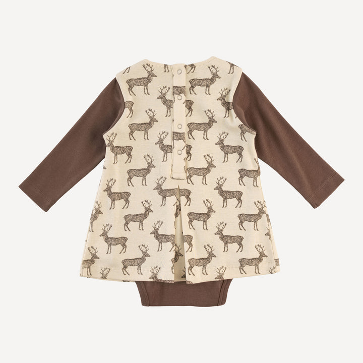 long sleeve pleated dress bodysuit | coffee reindeer | organic cotton flat rib