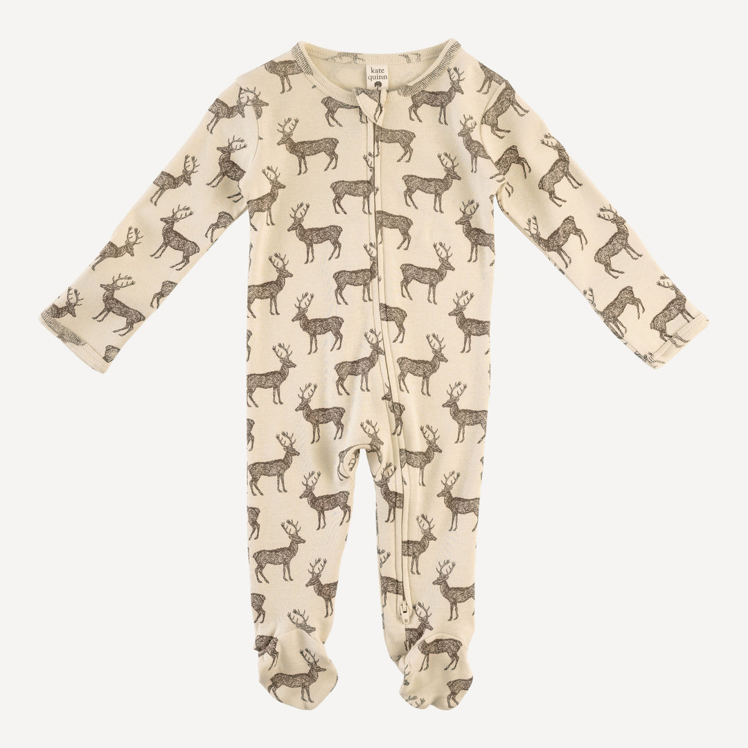 long sleeve two way zipper footie | coffee reindeer | organic cotton flat rib