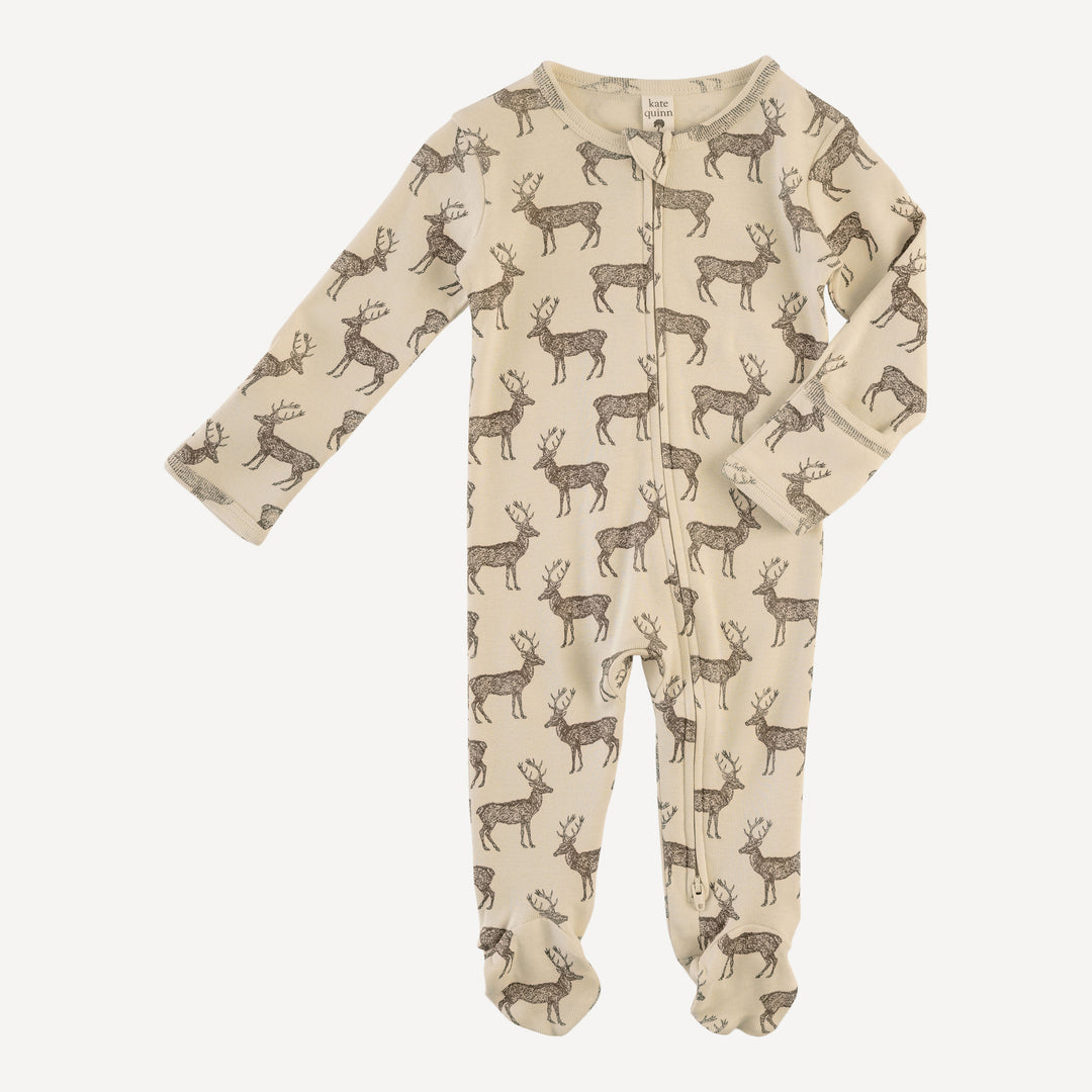 long sleeve two way zipper footie | coffee reindeer | organic cotton flat rib