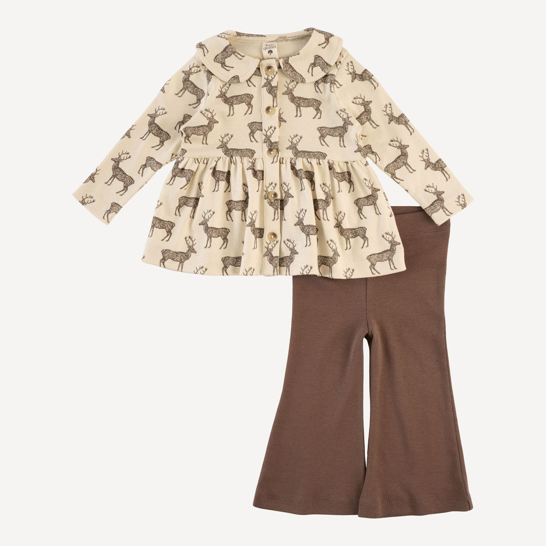 long sleeve peter pan button top + flare pant set | coffee reindeer | organic cotton flat rib
