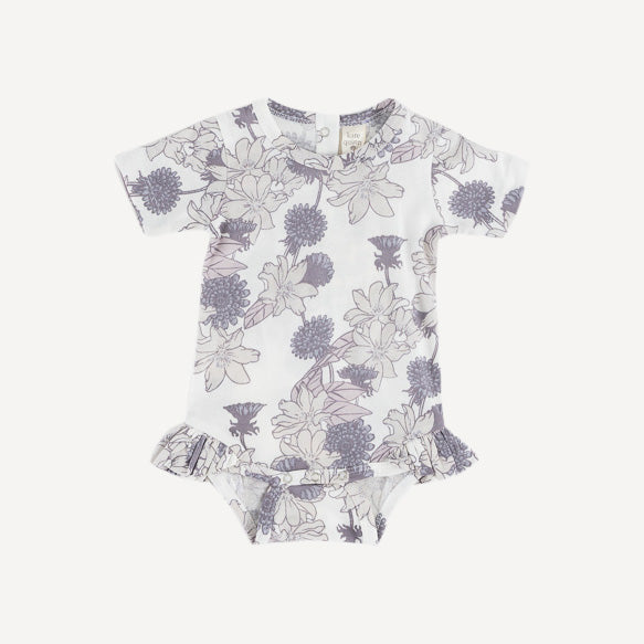 short sleeve ruffle leg bodysuit | mauve retro floral | organic cotton jersey