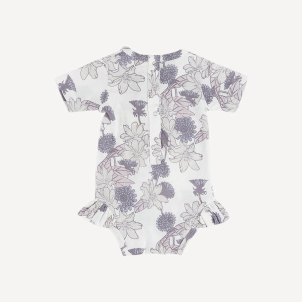 short sleeve ruffle leg bodysuit | mauve retro floral | organic cotton jersey