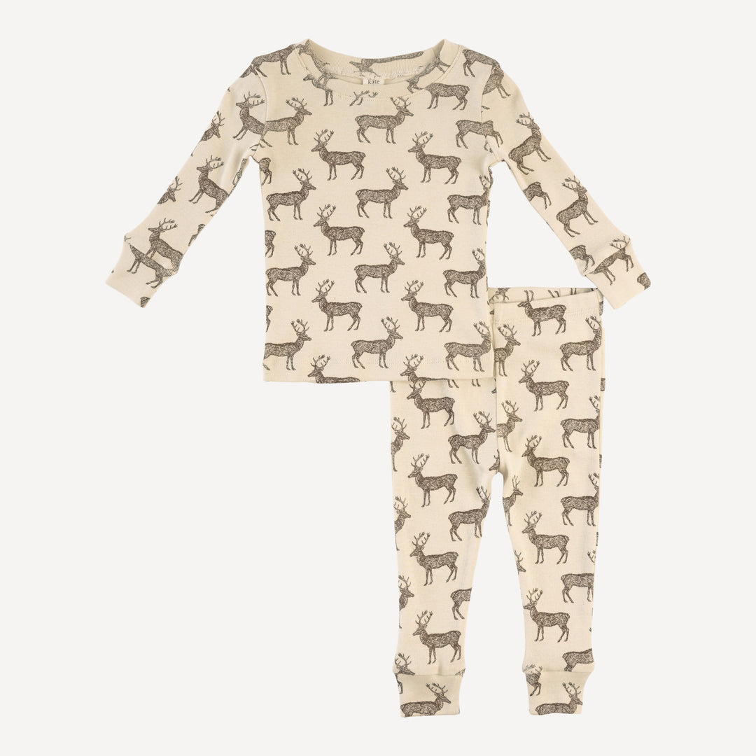 long sleeve crew neck pj set | coffee reindeer | organic cotton flat rib