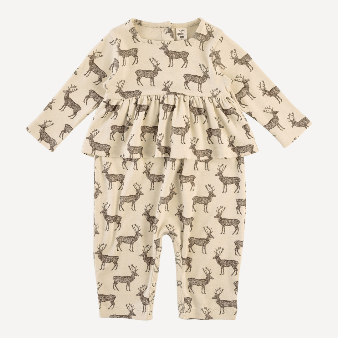 long sleeve ruffle balloon jumpsuit | coffee reindeer | organic cotton flat rib