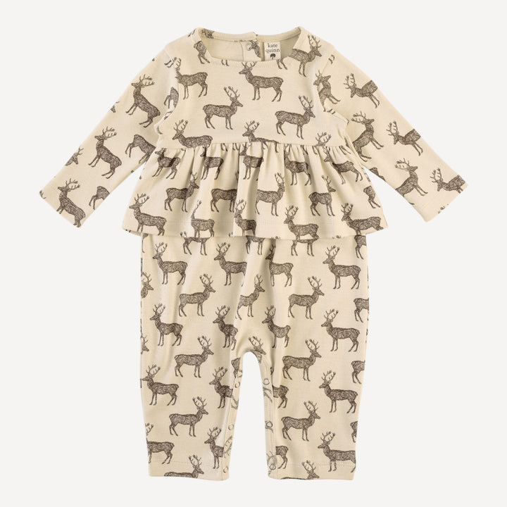 long sleeve ruffle balloon jumpsuit | coffee reindeer | organic cotton flat rib