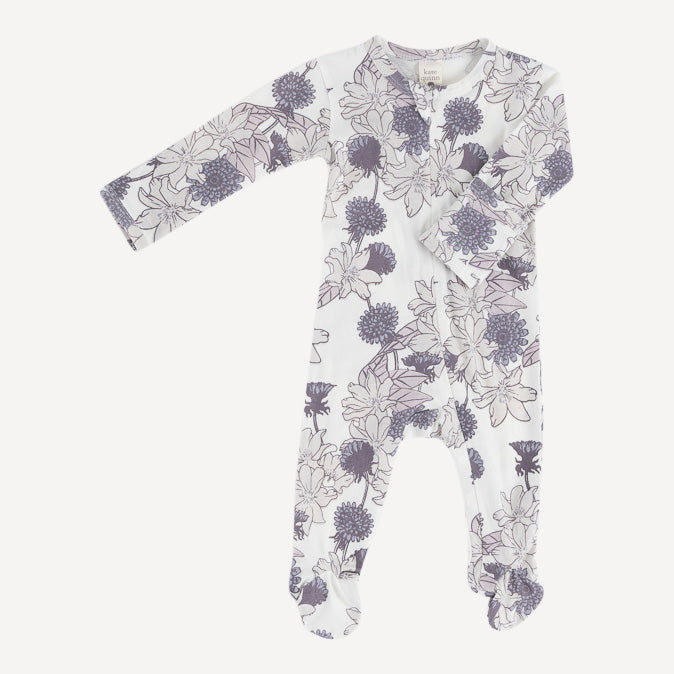 long sleeve two way zipper footie | mauve retro floral | organic cotton jersey