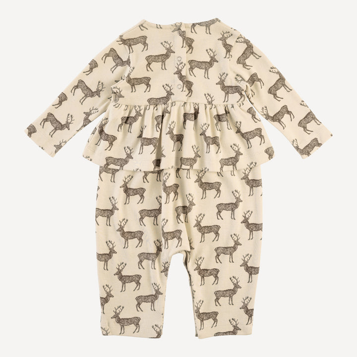 long sleeve ruffle balloon jumpsuit | coffee reindeer | organic cotton flat rib